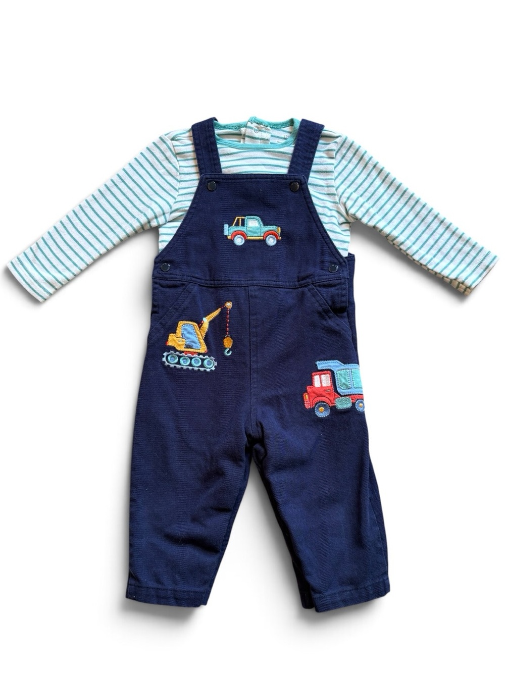 Little Me | Navy Overalls | Blue-White Striped Tee and Vehicle Appliqués | 18M